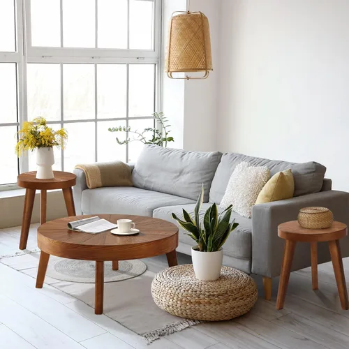 Vista 9 de HOKYHOKY Juego de 3 mesas auxiliares redondas de granja, mesas auxiliares de sofá negro con acabado natural de madera para sala de estar