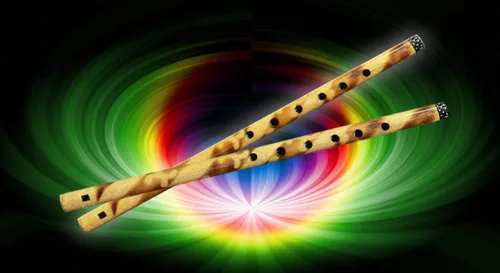 Vista 2 de Flauta de bambú de madera tradicional decorativa hecha a mano Basuri, instrumento musical indio para regalar y decorar (marrón, juego de 2)