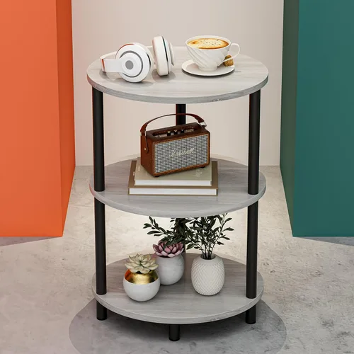 Vista 26 de Mesa auxiliar redonda pequeña, mesa decorativa ovalada de 3 niveles para espacios pequeños, mesa auxiliar de sofá de madera rústica y metal, mesita