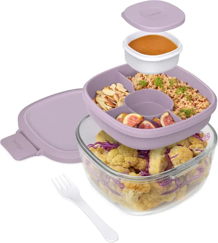 Vista 11 de Bentgo Recipiente de Ensalada de Vidrio Todo en Uno - Ensaladera Grande de 61 oz con Tapa, Bandeja Estilo Bento de 4 Compartimentos, Recipiente