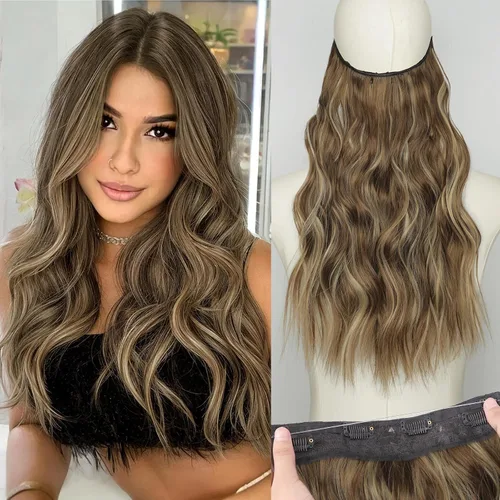 Vista 29 de KooKaStyle - Extensiones de cabello con hilo invisible, diadema transparente, ajustables, 4 clips fijadores, cabello largo y ondulado de 12
