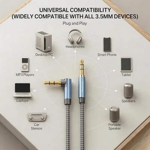 Vista 4 de Cable AUX de 1 pie/0,3 m, cable de audio estéreo de 3,5 mm, cable auxiliar estéreo macho a macho de 90 grados, cable TRS de ángulo recto compatible