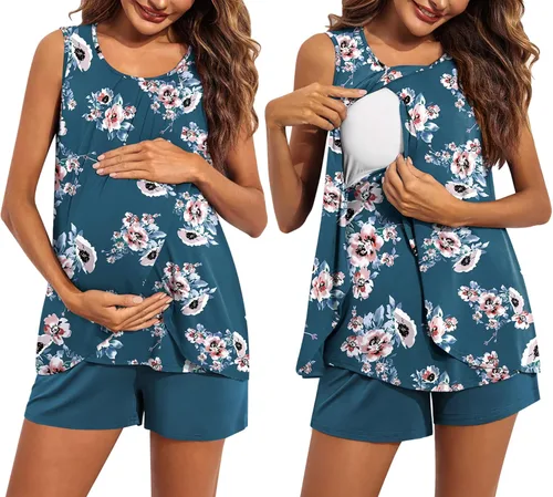 Ekouaer Conjunto de pijama de lactancia para mujer, ropa de dormir de doble capa, sin mangas, top y pantalones cortos, pijamas de embarazo