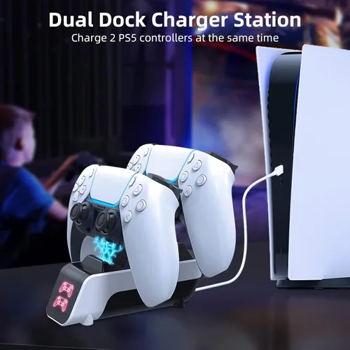 Vista 2 de Estación de carga para controlador PS5 con base de carga doble, carga rápida de 5 V, accesorios de cargador inalámbrico PS5 para controlador