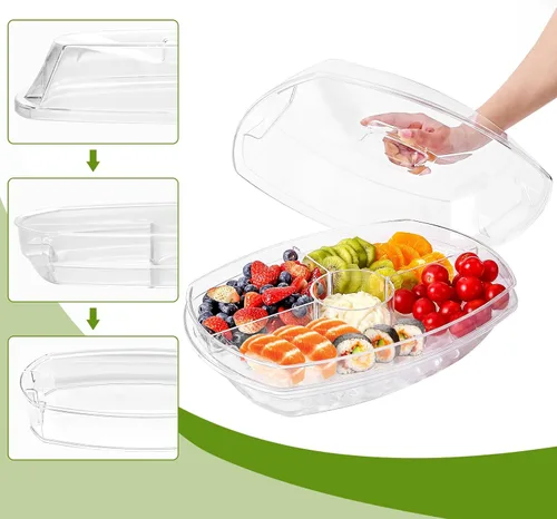 Vista 2 de IVYHOME Bandeja de servir refrigerada de 3 niveles con tapa, bandeja de servir frutas con hielo de 15 pulgadas con 4 compartimentos, plato