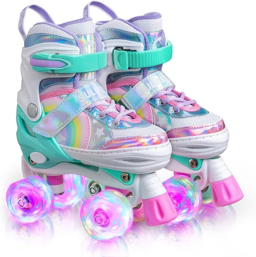 SULIFEEL Rainbow Unicorn - Patines ajustables de 4 tamaños para niñas y niños de 3-5, 5-8, 6-12 años, patines para interiores y exteriores