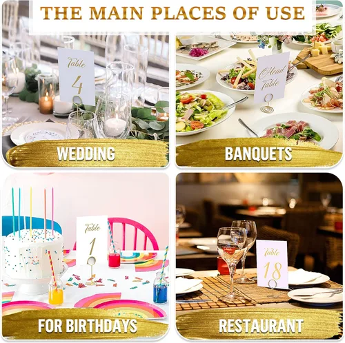 Vista 4 de Números de mesa dorados del 1 al 30 con 10 soportes dorados para números de mesa