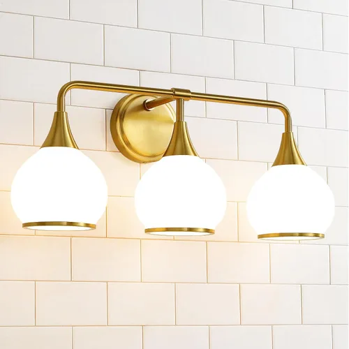 Vista 21 de Accesorios de iluminación de baño en oro cepillado, luces de tocador de 2 luces con pantalla de vidrio esmerilado blanco lechoso, lámpara de tocador