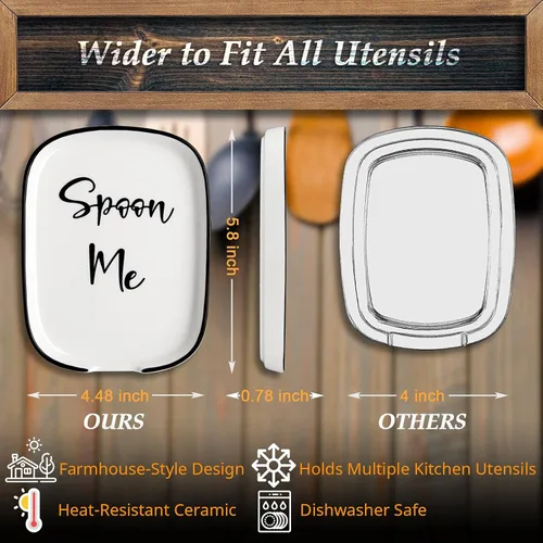 Vista 3 de Soporte de cuchara de cerámica para estufa, soporte grande para cuchara para encimera de cocina, soporte de cuchara de café blanco, soporte