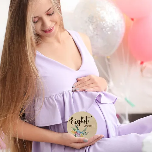 Vista 8 de Letrero mensual de tarjetas de hito para bebé, 10 marcadores de doble cara, discos de círculos de madera, accesorios de fotografía para recién