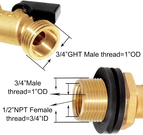 Vista 3 de Joywayus - Válvula de cuarto de vuelta de bola de 3/4 pulgadas roscada de latón para contenedor de agua/barril de lluvia con montaje de mamparo