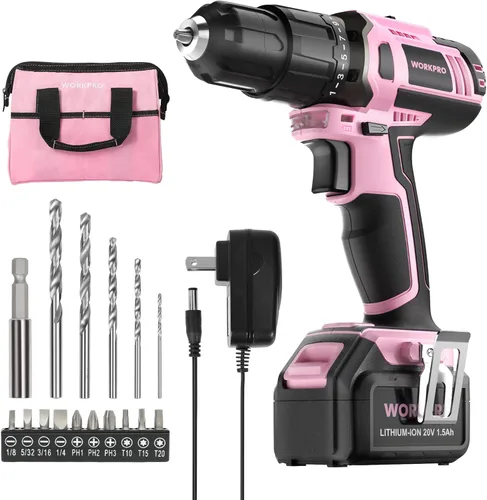 WORKPRO Taladro Atornillador Inalámbrico Rosa de 20V de Iones de Litio, 1 Batería, Cargador y Bolsa de Almacenamiento Incluidos - Cinta Rosa