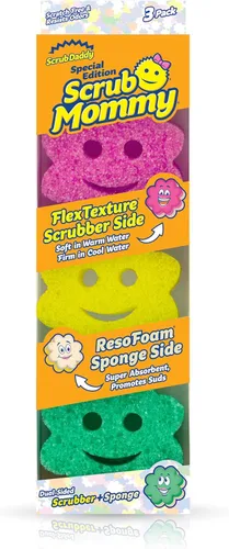 Scrub Daddy Juego de esponjas – Scrub Mommy Power Flower Esponja y estropajo de doble cara – Esponja antiarañazos para platos y hogar, resistente al