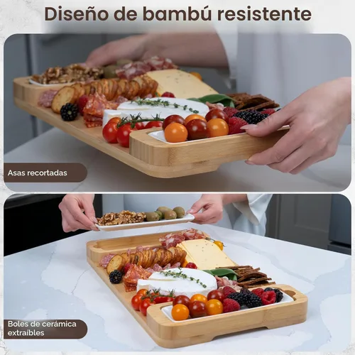 Vista 7 de Tablas de charcutería – Juego de regalo grande de tabla de queso de bambú con bandeja para servir, cuchillos y cuencos para carne, queso y galletas