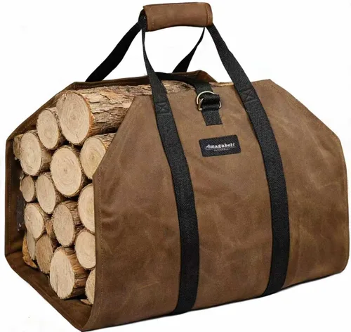 Vista 9 de Amagabeli - Bolsa de transporte de leña encerada, bolsa de transporte resistente para chimenea de leña grande con asas para camping, soporte