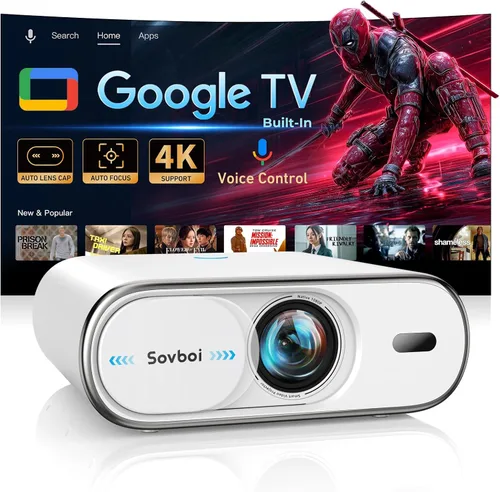 Proyector 4K con Google TV: brillo 3000/tapa de lente automática y Keystone 4D/enfoque automático y control de voz AI, proyector portátil Sovboi