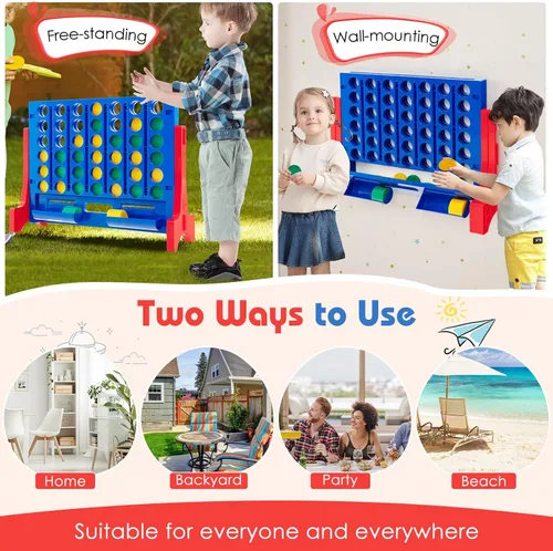 Vista 4 de COSTWAY - Juego gigante de 4 en línea con bolsa de transporte de almacenamiento, juego Jumbo de 4 en fila con ajedrez, deslizador de liberación