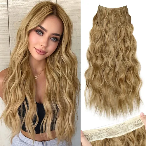 Vista 19 de KooKaStyle - Extensiones de cabello con hilo invisible, diadema transparente, ajustables, 4 clips fijadores, cabello largo y ondulado de 12