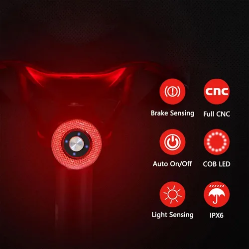 Vista 2 de Luz trasera inteligente para bicicleta, recargable por USB, luces direccionales de bicicleta con control remoto, luz trasera impermeable