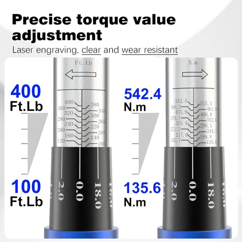 Vista 2 de Llave dinamométrica de 1/2 pulgada 25-250 ft-lb /33.9-339N.M/más larga 21.6 pulgadas/72 T/aleación de aluminio/resistente/profesional/doble