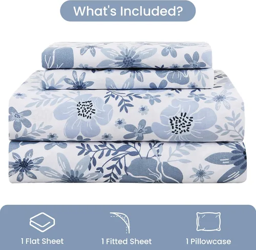 Vista 2 de Mooreeke Juego de sábanas de tamaño individual, 3 piezas, de microfibra suave y transpirable, patrón floral azul y blanco, bajera que no se sale