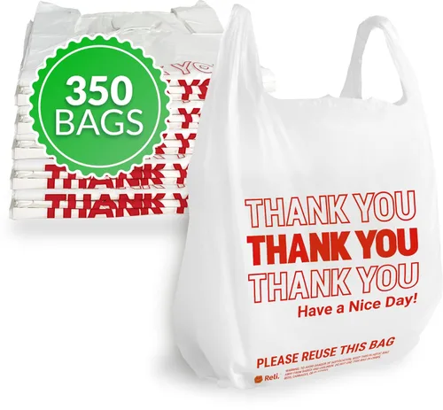 Reli. Bolsas de plástico "Thank You" (350 unidades) (11.5" x 6.5" x 21") (Blanco) - Bolsa para comestibles, compras, restaurantes, tienda de