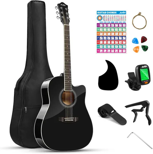 Moukey Guitarra acústica de 41 pulgadas para principiantes, adultos, adolescentes, tamaño completo, con póster de acordes, bolsa de concierto, Negro