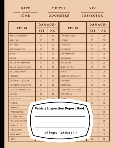 Vehicle Inspection Report Book Inspection Checklist for Keeping Track of Condition, Maintenance & Repairs