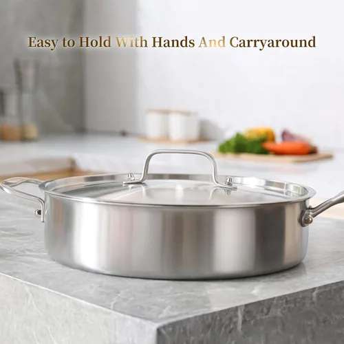 Vista 4 de DELARLO Sartén de acero inoxidable de tres capas de 3.5 cuartos de galón con tapa, olla Rondeau de inducción con tapa, sartén de 12 pulgadas