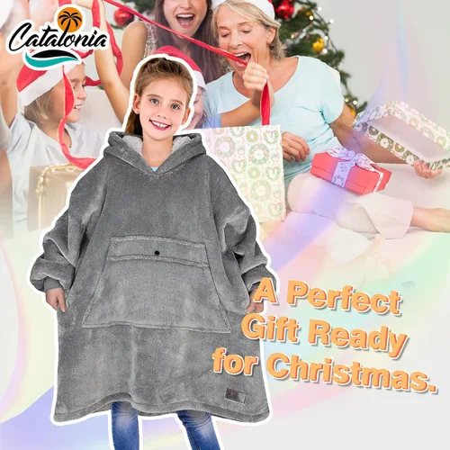 Vista 6 de Catalonia Sudadera tipo manta con capucha para niños, sudadera de sherpa extragrande para adolescentes jóvenes, idea de regalo
