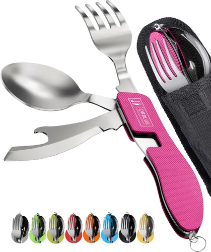Vista 20 de Orblue Utensilios de comida 4 en 1, paquete de 2 – Cuchara portátil, tenedor, cuchillo y abridor de botellas, cubiertos de acero inoxidable