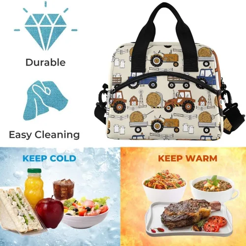 Vista 5 de Tractores Coches Bolsa de almuerzo aislada Caja de almuerzo Contenedor de alimentos Preparación de comidas Cooler Bolso