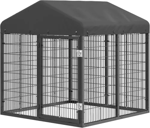 Vista 5 de Gran recinto para perros al aire libre, jaula resistente con techo, valla de acero galvanizado para perreras con doble cerradura de seguridad