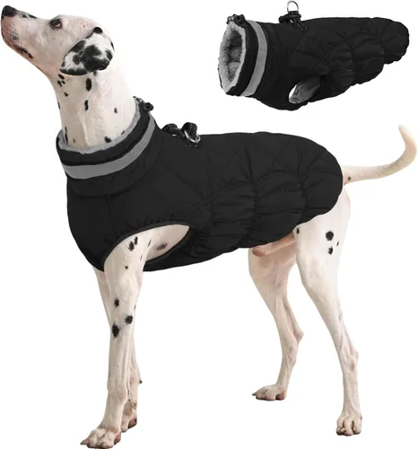 Vista 38 de FUAMEY - Abrigo para perro, chaqueta cálida de invierno, acolchada, chaleco reflectante con arnés, chaqueta de nieve impermeable con cremallera, a