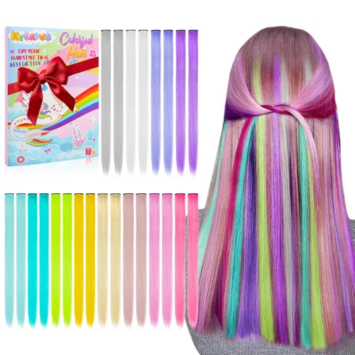 Vista 11 de Kyerivs 48 extensiones de cabello con clip de colores, regalo para niñas, extensiones de cabello arcoíris de 20 pulgadas para niñas, accesorios