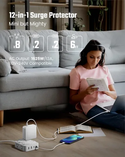 Vista 49 de Cable de extensión de 10 pies con múltiples tomas, tira de alimentación con protector de sobretensiones de enchufe plano, cable de 10 pies de largo