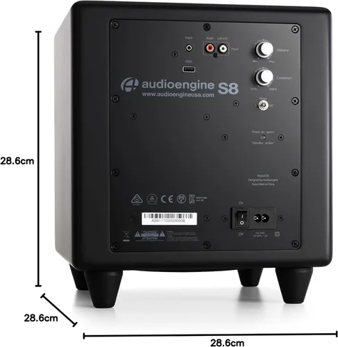 Vista 3 de Audioengine S8 Bocina para sonidos graves, de 8 pulgadas, con conexión a corriente eléctrica, color blanco. Negro