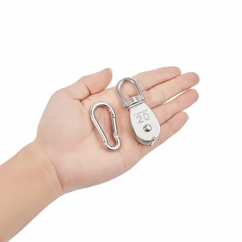 Vista 5 de 6 unidades de bloque de polea simple M20 de acero inoxidable 304, rueda de remolque con cable colgante, con 6 ganchos de resorte de enganche rápido