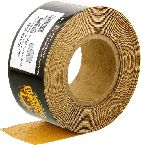 Vista 6 de Dura-Gold Papel de lija Longboard PSA de grano 1000 dorado premium, rollo de 20 yardas, 2-3/4" de ancho, autoadhesivo con respaldo pegajoso, rollo