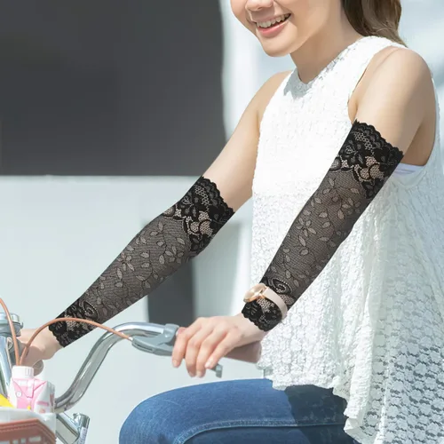 Vista 3 de SUPVOX Mangas elásticas de encaje transpirable para mujer, manga de protección solar con codera, ligera, patrón floral, mangas de protección solar