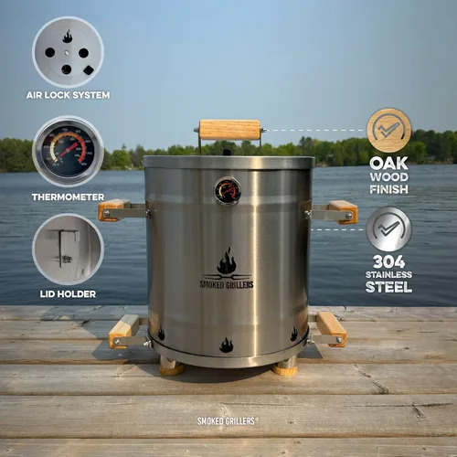 Vista 6 de Combo de parrilla para ahumar barril, barril 100% de acero inoxidable, 95% menos de humo, calor uniforme, fácil de usar y limpiar, ahumador vertical