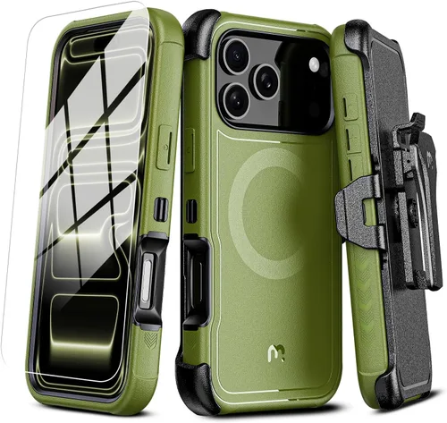 M MYBAT PRO Funda para iPhone 17 Pro con funda de clip para cinturón, [compatible con Magsafe] con protector de pantalla, anticaídas, a prueba de