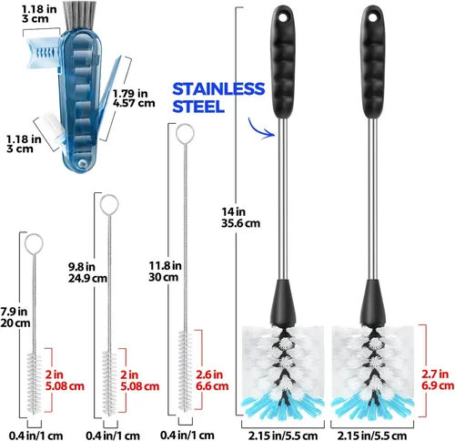 Vista 6 de Holikme Juego de 6 cepillos para botellas, cepillo limpiador de botellas de acero inoxidable de mango largo de 14 pulgadas, 3 cepillos para popotes
