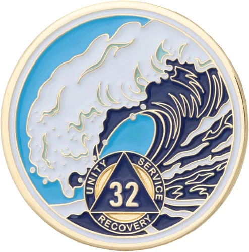Vista 89 de Moneda AA de 1 año – Medallón de recuperación de ondas estrelladas de Sobriety Mint – azul/blanco/dorado