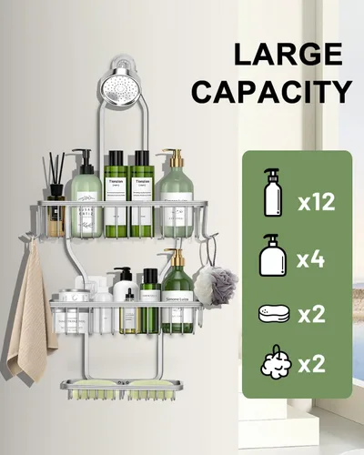 Vista 7 de Shower Caddy Hanging - Never Rust Shower Hanging Organizer - Aluminum Over the ShowerHead Caddy with 6 Hooks for Razor/Sponge (Silver)