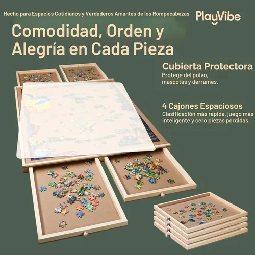 Vista 2 de PlayVibe Tablero de rompecabezas de 1000 piezas con cajones y cubierta, bandeja portátil de madera para rompecabezas con cajones, estación