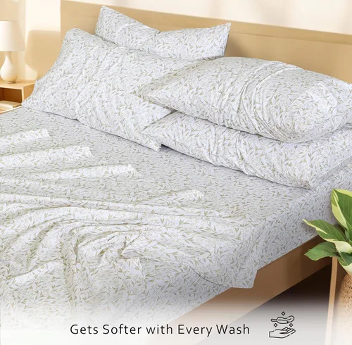 Vista 3 de RUVANTI 4 piezas de sábanas de algodón - 100% algodón natural suave, ligero y transpirable, sábanas de percal crujiente, juego de sábanas Botanica