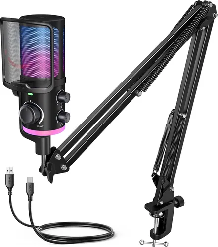 FIFINE Kit de micrófono de transmisión USB para juegos, micrófono de condensador con RGB, cancelación de ruido, Dial de juego/chat Plug & Play para